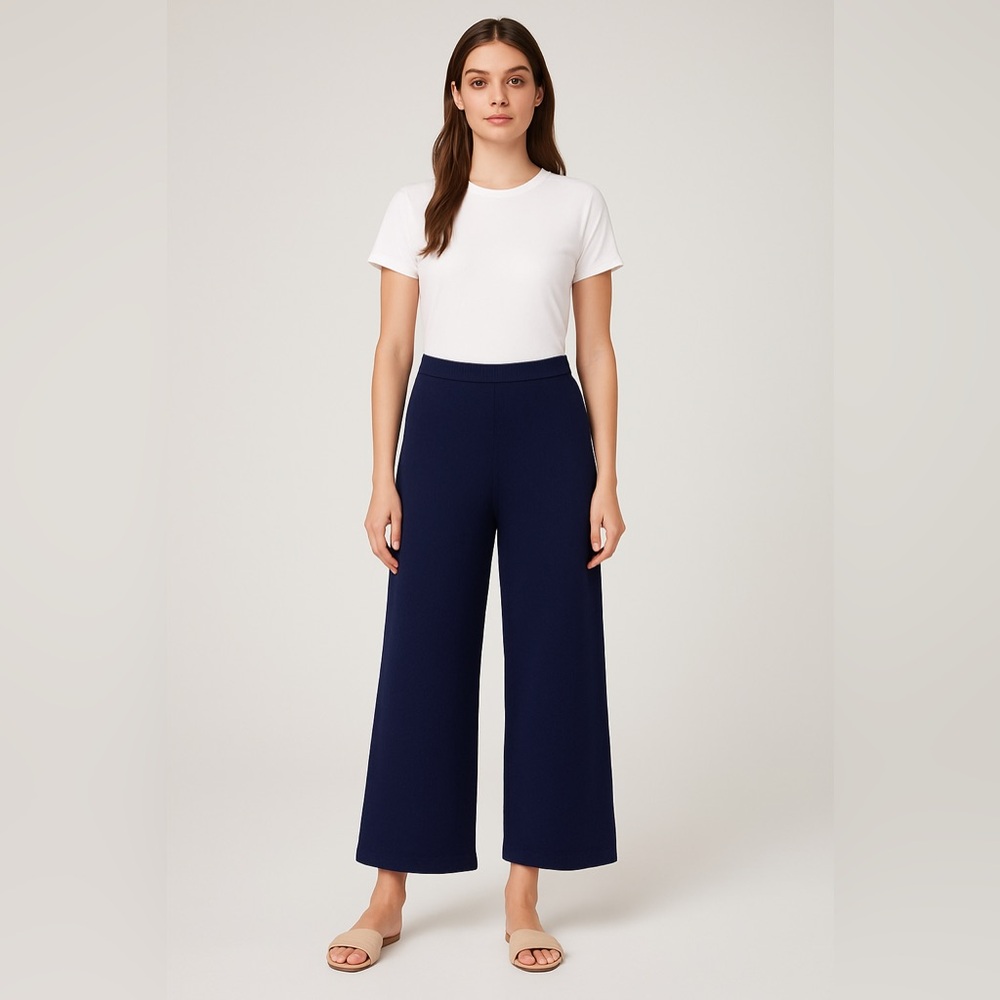 St. John Collection Navy Knit Wide-Leg Pants Size 14 Made in Mexico